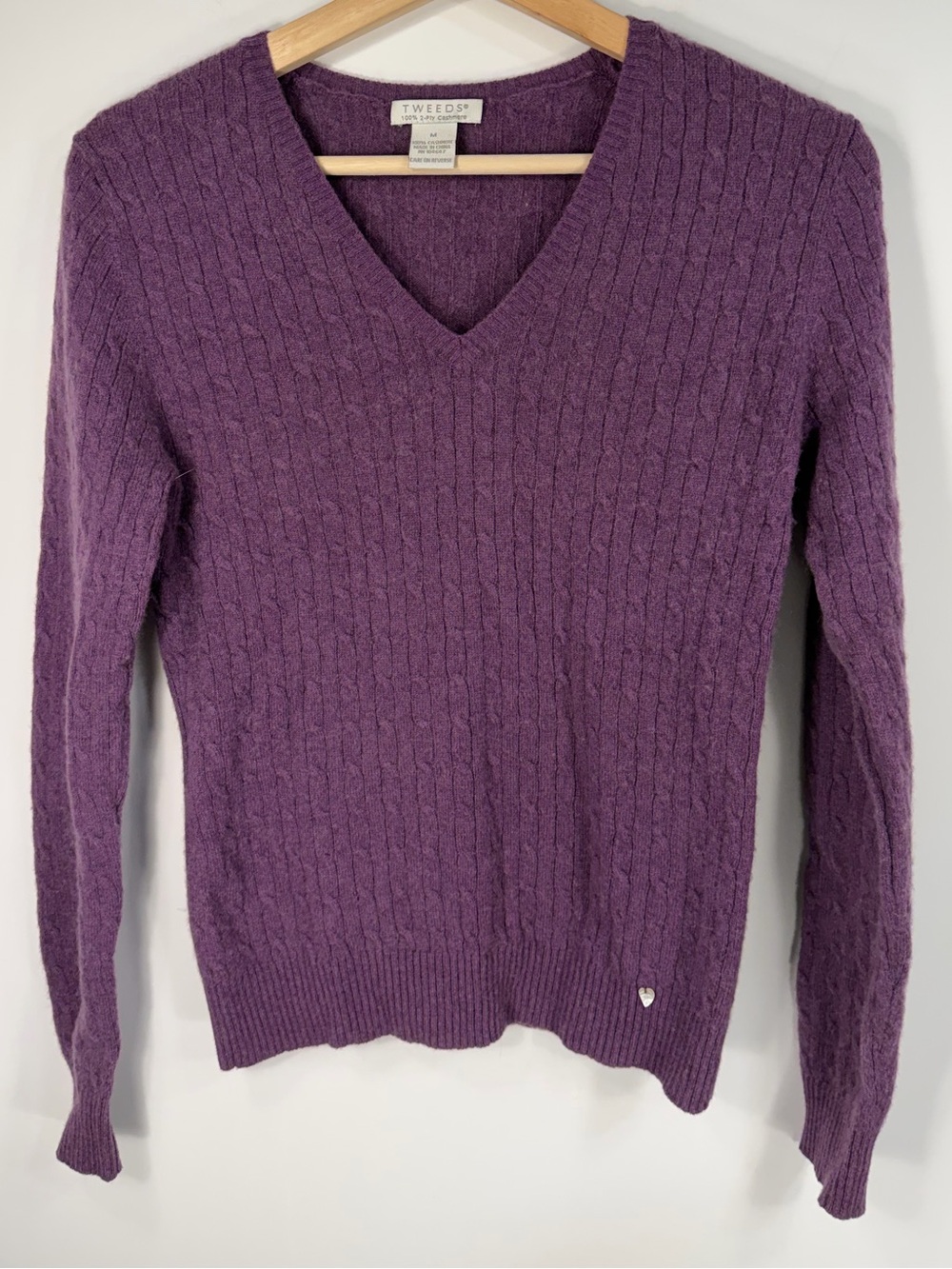 100% Cashmere Tweeds Plum Cable Knit V-Neck Sweater